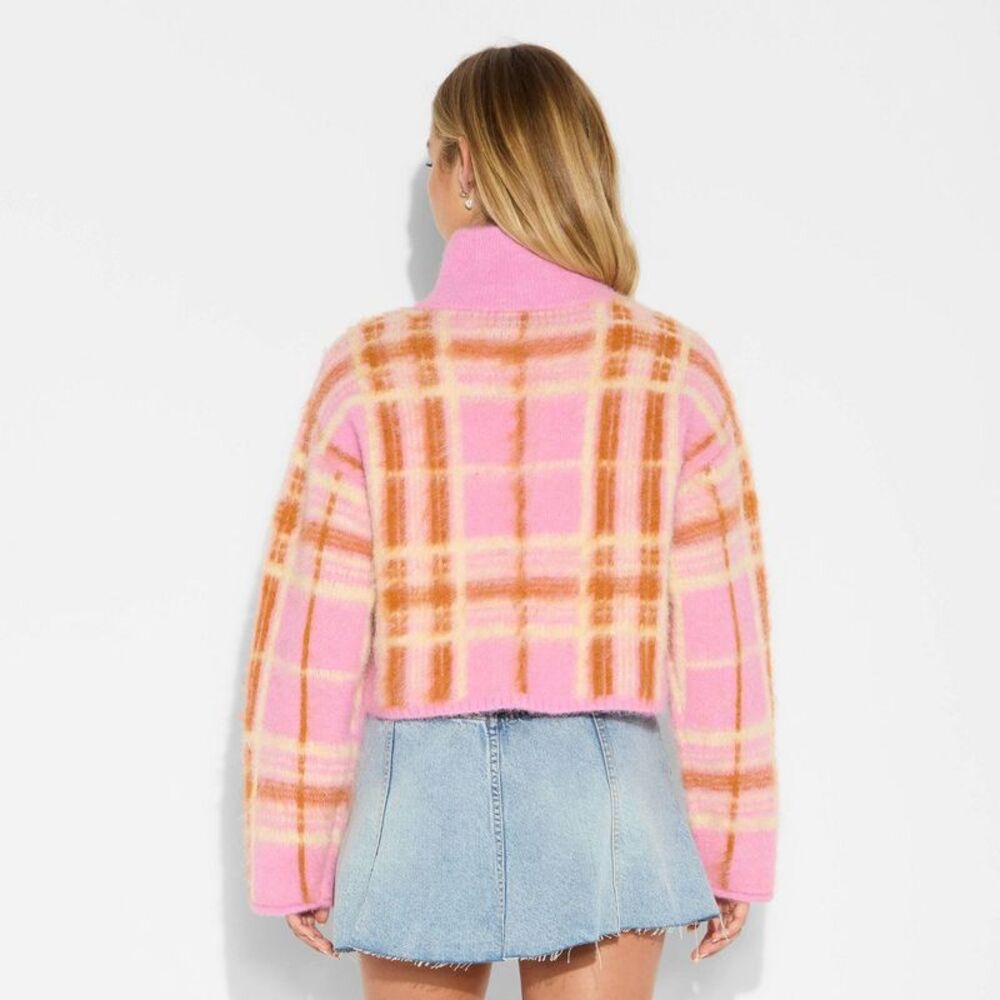 Women's Full Zip Mock Turtleneck Cardigan - Wild Fable Pink Plaid L - Picture 3 of 4